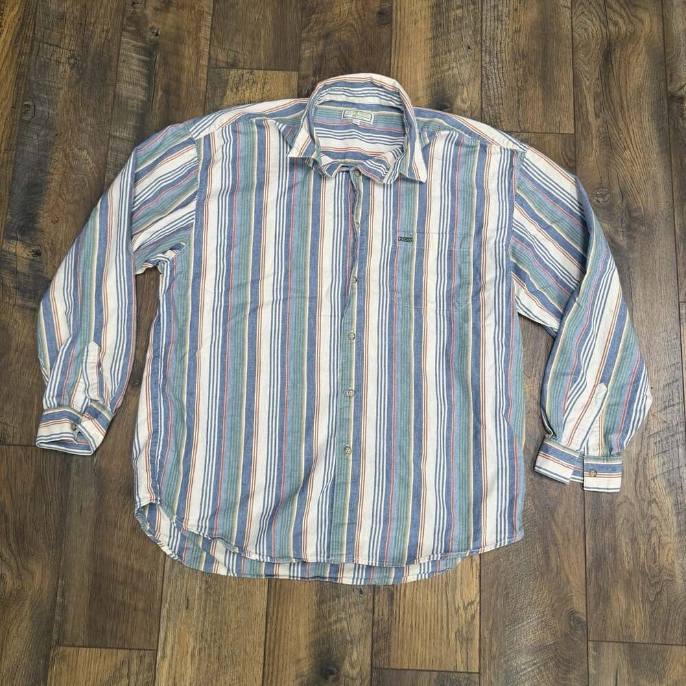 Vintage 90s GUESS Jeans Georges Marciano XL Striped Shirt Made USA Cotton